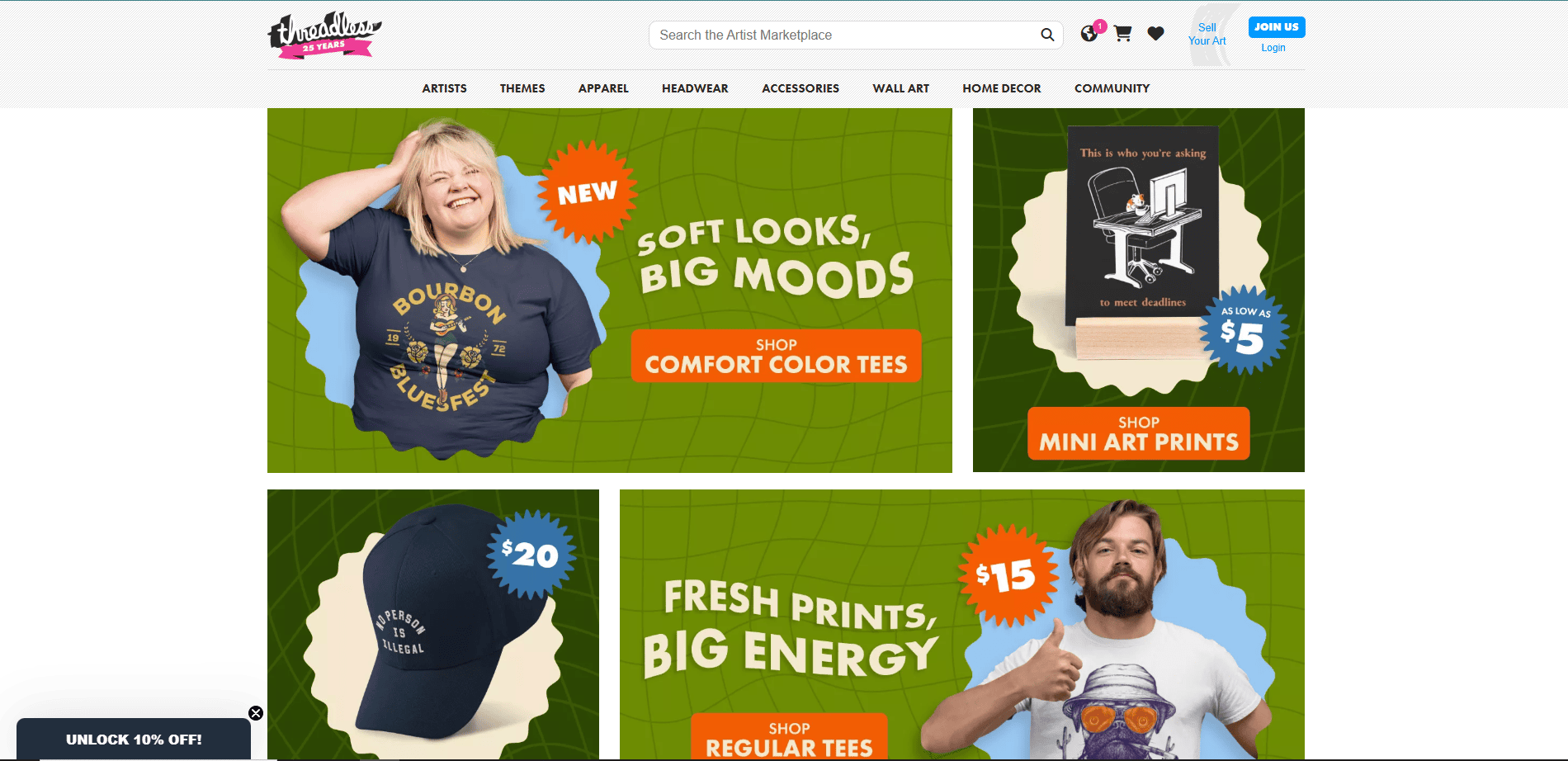 Screenshot of an online shop homepage featuring colorful banners for comfort color tees, mini art prints, regular tees, and a navy baseball cap, each with bold text and models wearing or displaying the products.