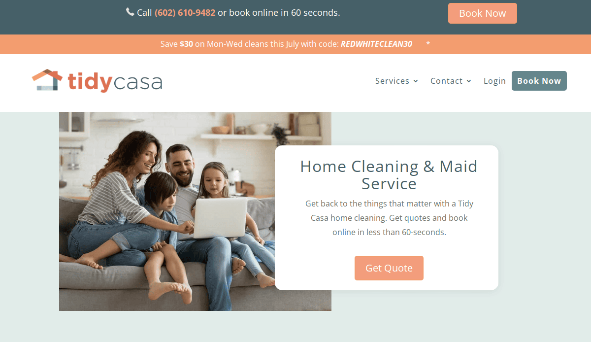 A smiling family with two children sits on a couch, looking at a laptop. The website advertises Tidy Casa home cleaning services, with a call-to-action button to get a quote and book online.