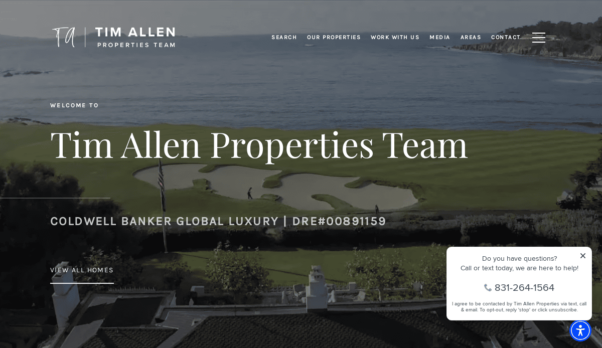 A website homepage for Tim Allen Properties Team features a golf course by the ocean, with Tim Allen Properties Team and contact information displayed over the scenic background.