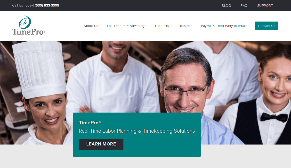 A group of smiling professionals, including a chef, stand together in a promotional image for TimePro®, a company offering real-time labor planning and timekeeping solutions. A menu and contact button appear at the top.