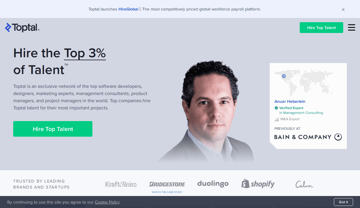 A Toptal website page features a headline, “Hire the Top 3% of Talent,” a “Hire Top Talent” button, a profile card for Anuar Heberlein, and logos of brands like Kraft Heinz and Shopify at the bottom.