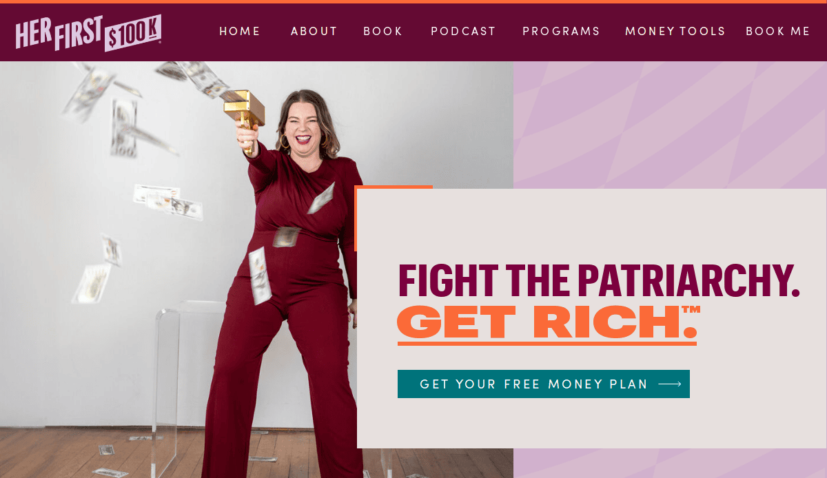 A woman in a burgundy jumpsuit stands smiling and raising a gold trophy as dollar bills fall around her. Text reads: FIGHT THE PATRIARCHY. GET RICH.™ GET YOUR FREE MONEY PLAN. Website navigation is visible at the top.