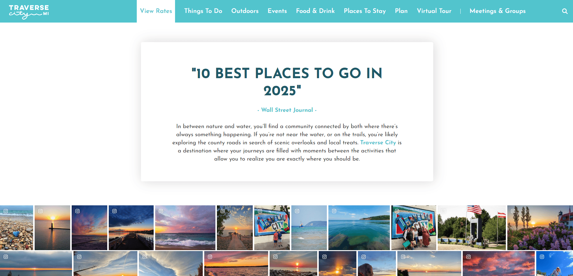 Screenshot of the Traverse City tourism website featuring a quote from the Wall Street Journal: “10 Best Places to Go in 2025,” and scenic photo thumbnails of beaches, lakes, and outdoor activities below.