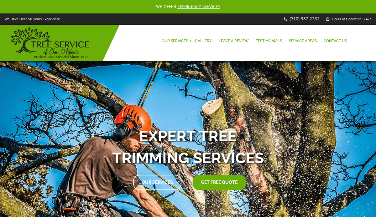 A tree service worker in safety gear trims branches high in a tree with a chainsaw. The website banner advertises expert tree trimming services, contact information, and links to services, reviews, and quotes.