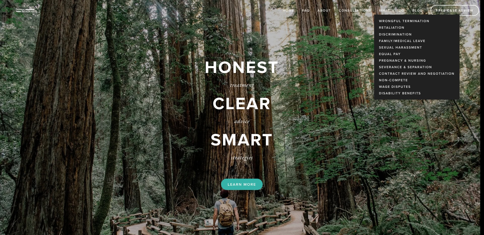 A person with a backpack walks on a wooden path through a lush forest of tall redwood trees. White text in the center reads, Honest. Clear. Smart. Strategies. A website menu is visible at the top.