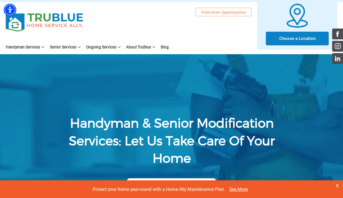 Screenshot of the TruBlue Home Service Ally website, featuring a handyman in uniform holding a drill. Text on the page reads, Handyman & Senior Modification Services: Let Us Take Care Of Your Home.