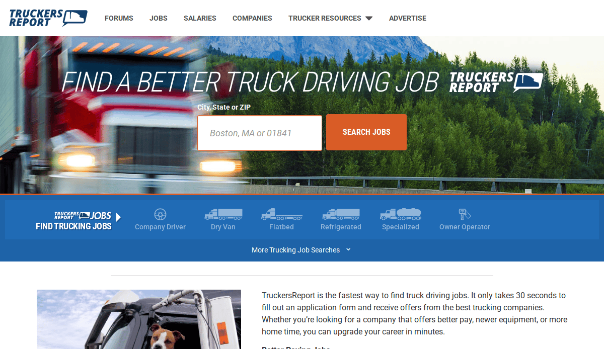 Website page for TruckersReport showing a search bar for truck driving jobs. The background features trucks and a highway with mountains. Buttons and icons for job types are visible under the search area.