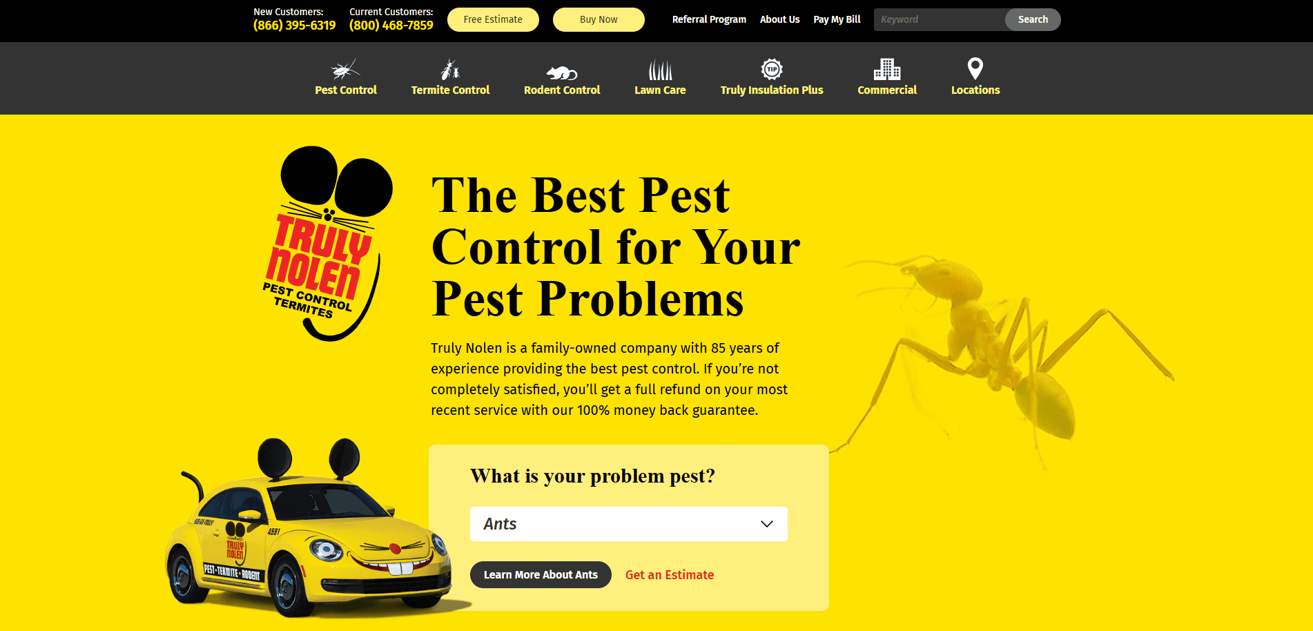 Screenshot of Truly Nolens pest control website. It features a yellow car with mouse ears, pest control options, contact numbers, and a search box asking, “What is your problem pest?” with a yellow background and black text.