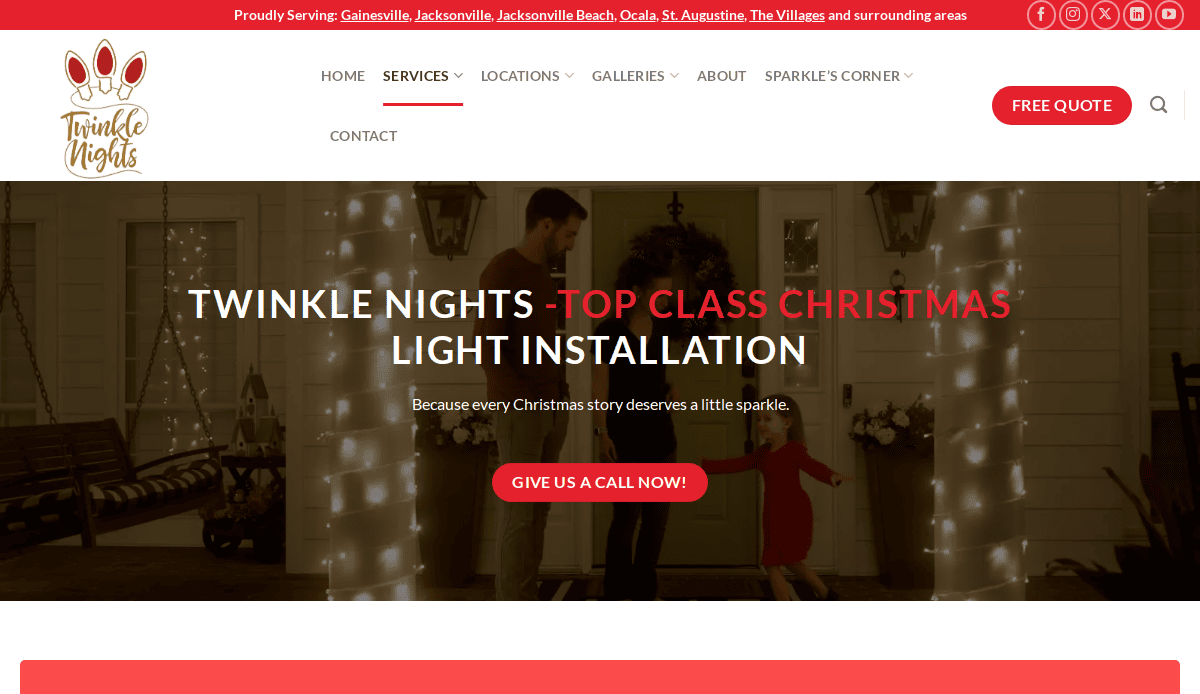 A family stands in front of a house decorated with Christmas lights. The website banner reads Twinkle Nights - Top Class Christmas Light Installation with a button below that says Give us a call now!.