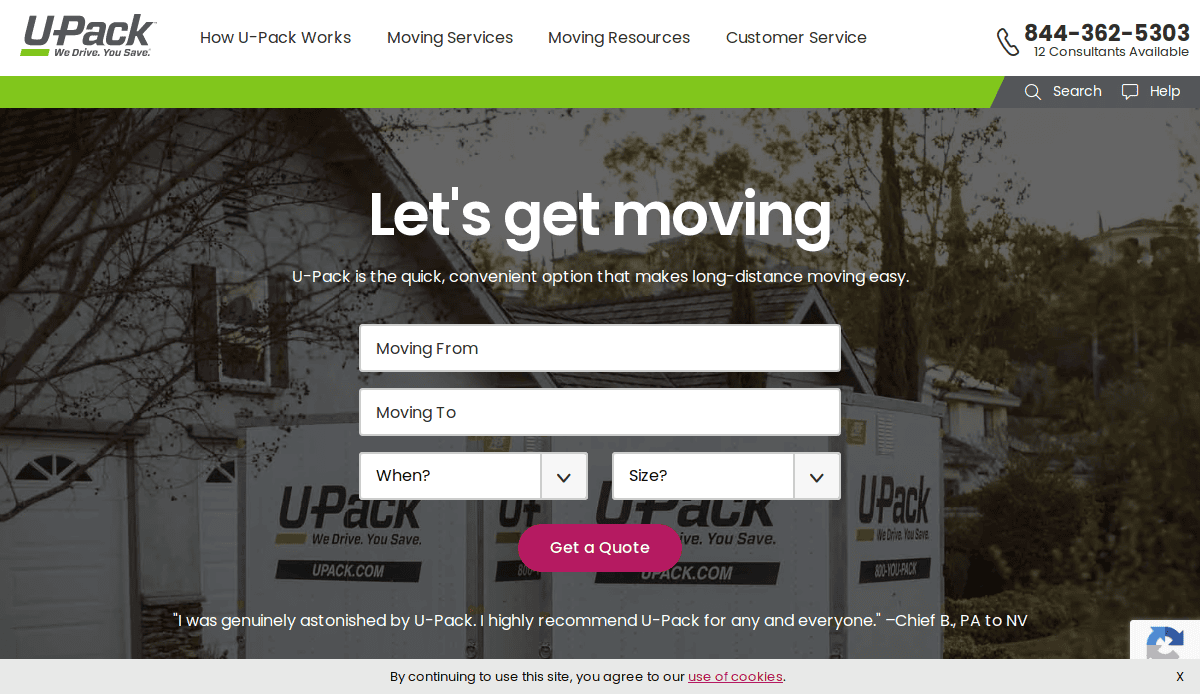 Screenshot of the U-Pack website homepage showing moving truck containers, a phone number for consultants, navigation links, and a Get a Quote form for long-distance moving services.