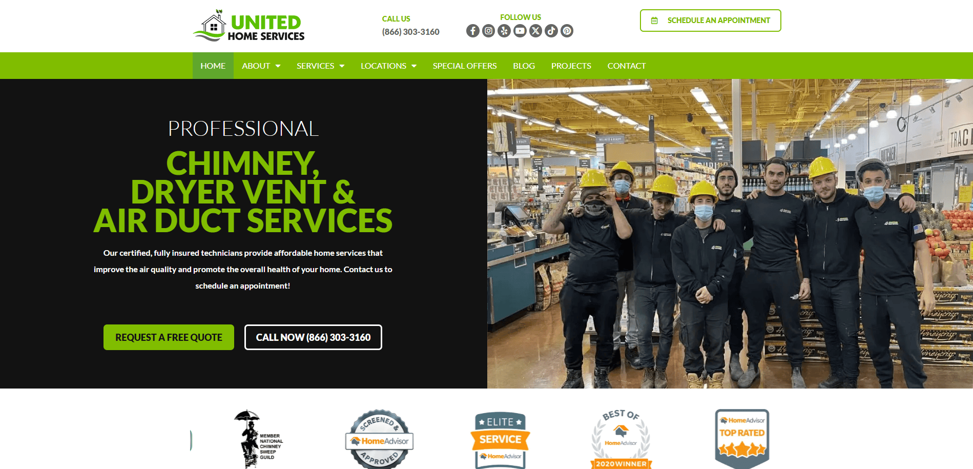 Screenshot of the United Home Services website homepage, featuring a group of staff in hard hats smiling in a hardware store, and text promoting chimney, dryer vent, and air duct services with contact options.