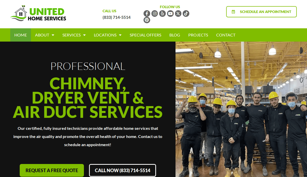 Group of technicians in black uniforms and yellow hard hats posing in a store; website banner text promotes chimney, dryer vent, and air duct services by United Home Services. Green and black color scheme with contact buttons.