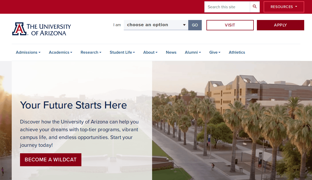 Screenshot of the University of Arizona website homepage, showing a campus view with palm trees and academic buildings, and a banner inviting users to become a Wildcat and learn about programs and campus life.