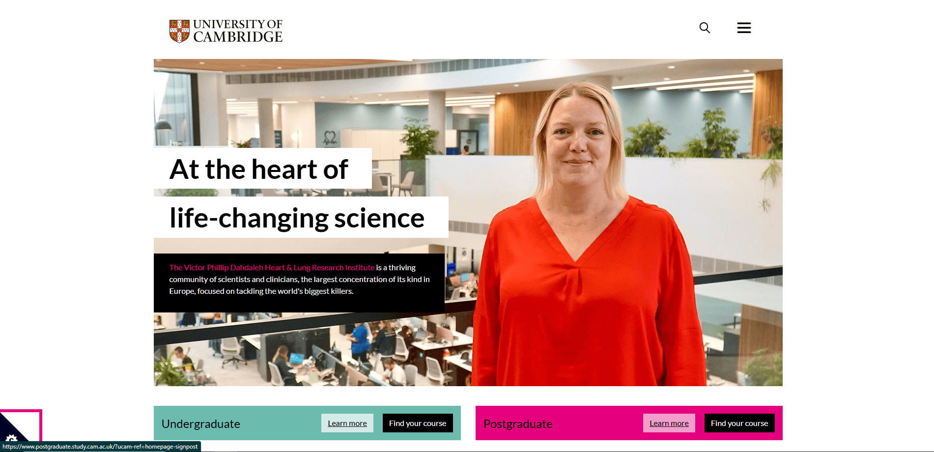 A woman in a red blouse stands smiling in a modern building. Behind her, people work at tables in a bright, open space. Text reads: At the heart of life-changing science with University of Cambridge branding.