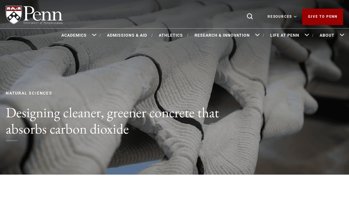 Close-up of tubes of woven, light-colored material arranged in parallel rows, illustrating innovative, eco-friendly concrete on a University of Pennsylvania website about sustainable building technology.