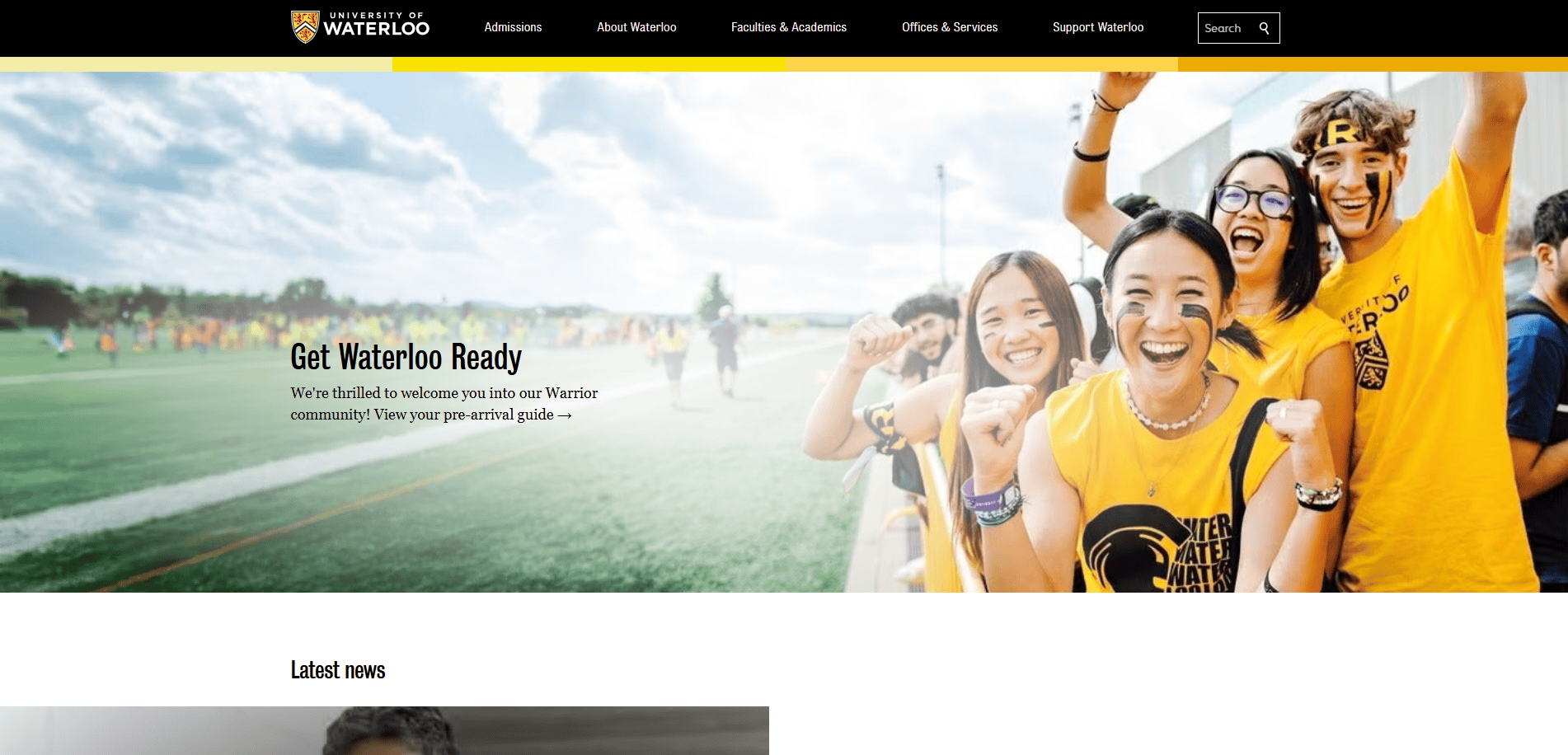 A group of smiling students in University of Waterloo shirts cheer on a sports field, with Get Waterloo Ready text and campus information on the left.