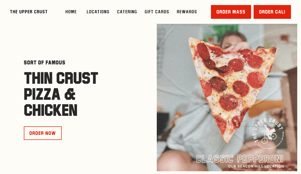 A person holds a large slice of pepperoni pizza in front of their face. The text on the left advertises Thin Crust Pizza & Chicken from The Upper Crust. Classic Pepperoni is featured in the lower right corner.