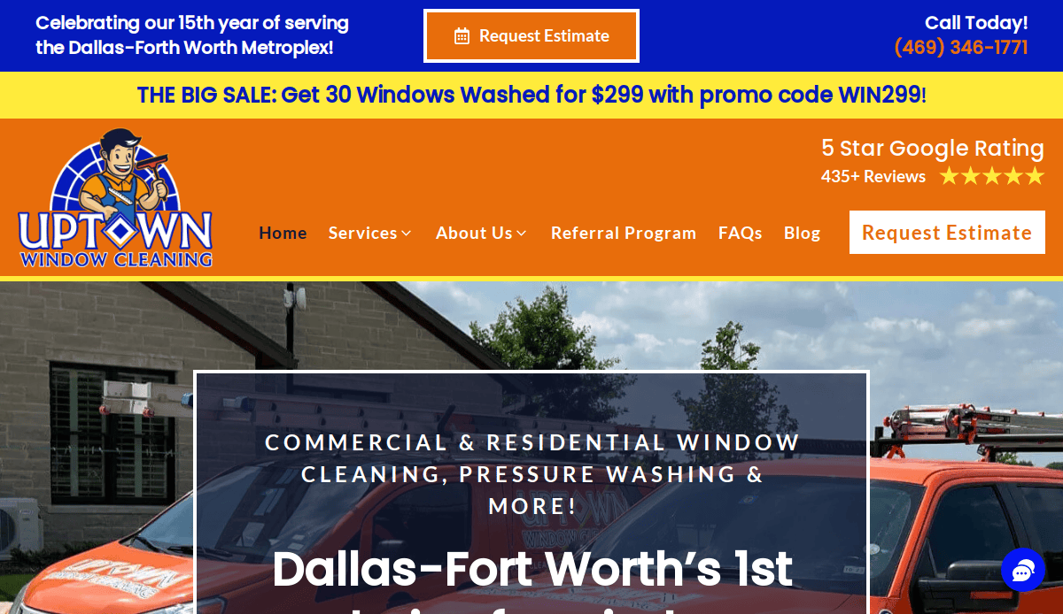 Screenshot of Uptown Window Cleaning’s website. A banner offers 30 windows washed for $299 with promo code WIN299. The site highlights 15 years in business, a 5-star Google rating, and commercial and residential services.