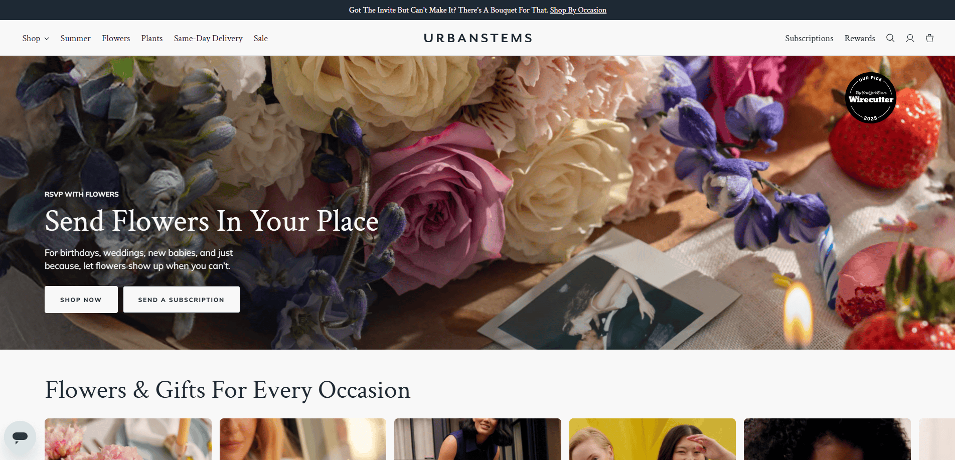 A website homepage for UrbanStems shows a colorful floral arrangement with text promoting flower delivery and subscription services. Navigation menus and gift categories are visible at the top and bottom of the image.