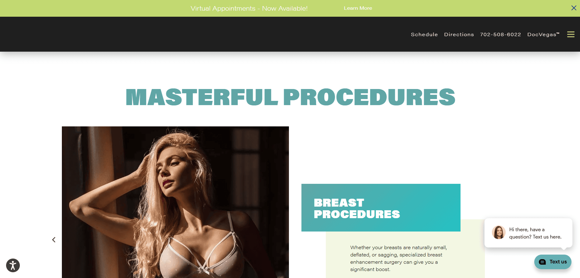 A woman in white lingerie poses with one arm raised beside text that reads Masterful Procedures and Breast Procedures on a medical clinic website. A green banner offers virtual appointments at the top.