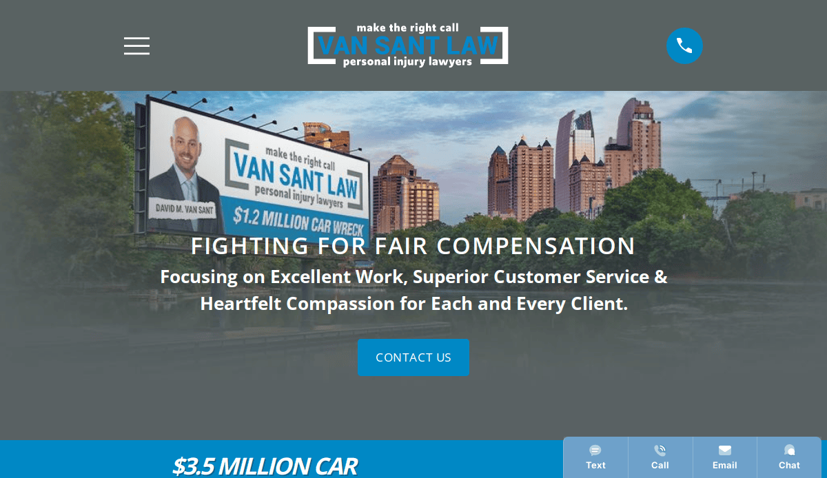 A law firms website shows a city skyline, a billboard for Van Sant Law with a lawyers photo, and the text Fighting for fair compensation above a blue Contact Us button.