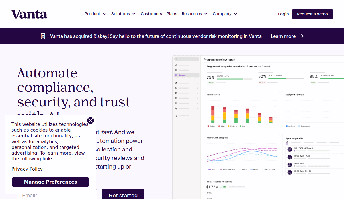 Screenshot of Vanta’s homepage displaying a navigation bar, a banner announcing the acquisition of Riskkey, and content promoting compliance and security automation, alongside a dashboard image and a cookie preferences popup.