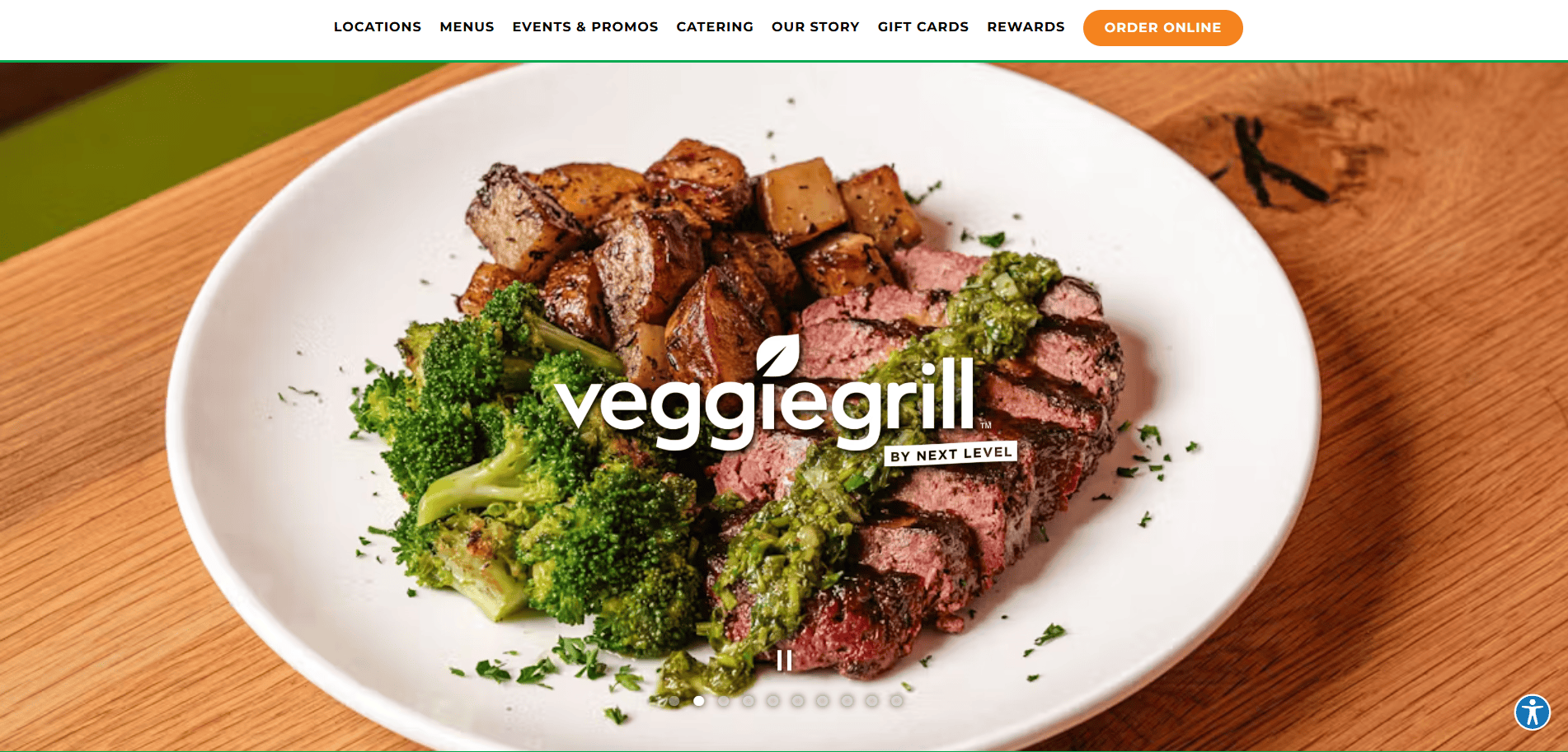 A white plate with roasted potatoes, broccoli, and sliced plant-based steak topped with green sauce sits on a wooden table. The words veggiegrill by Next Level are overlaid on the image.