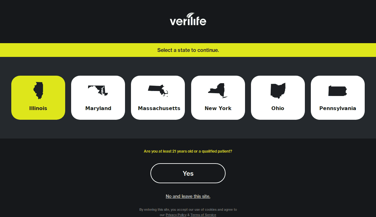 A website screen with the Verilife logo and a prompt to select a state: Illinois, Maryland, Massachusetts, New York, Ohio, or Pennsylvania. A question asks if the user is at least 21 or a qualified patient, with “Yes” and “No” buttons.