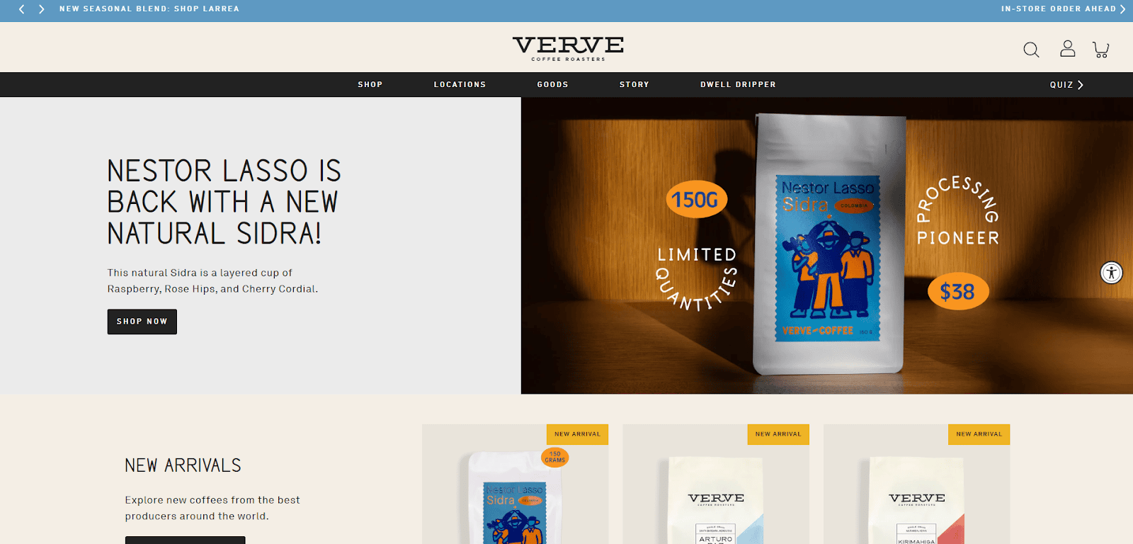 Verve Coffee Roasters homepage features a promo for Nestor Lasso Sidra coffee, with a blue and orange bag, text highlighting “Limited Quantities” and $38, plus a sidebar for new arrivals and navigation menu.