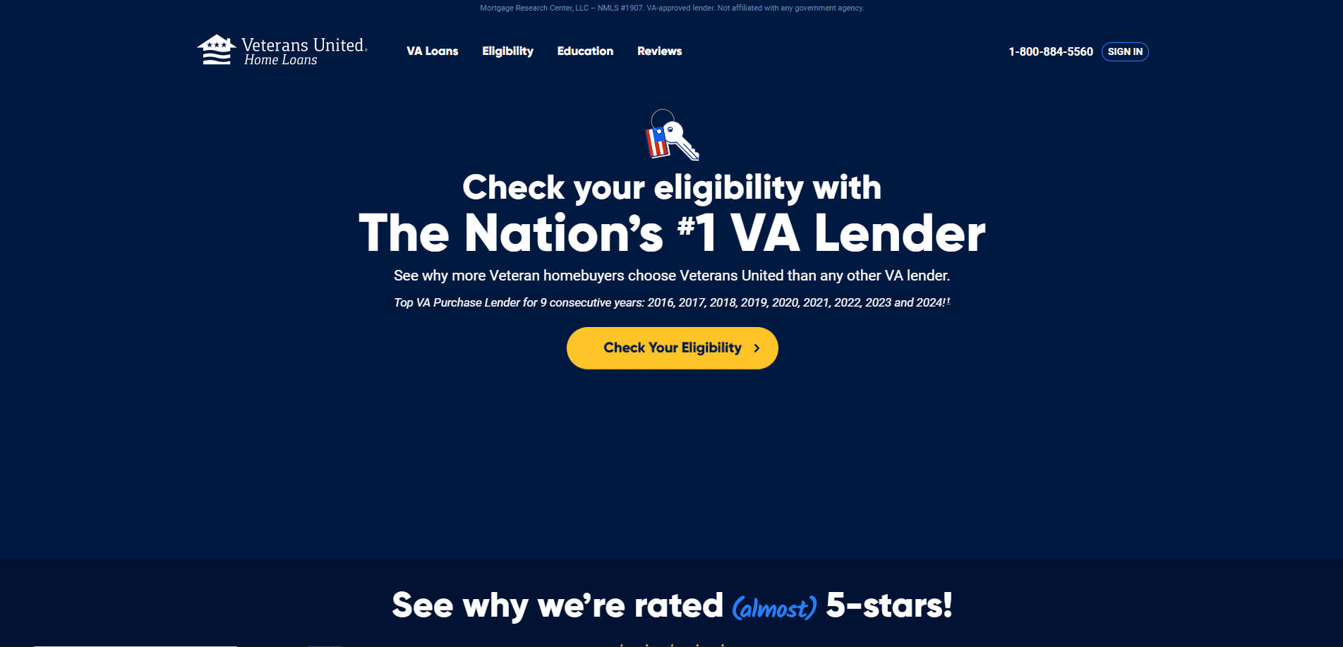 Screenshot of Veterans United Home Loans website homepage with headline Check your eligibility with The Nation’s #1 VA Lender, a yellow Check Your Eligibility button, and navigation links for VA Loans, Eligibility, and Education.