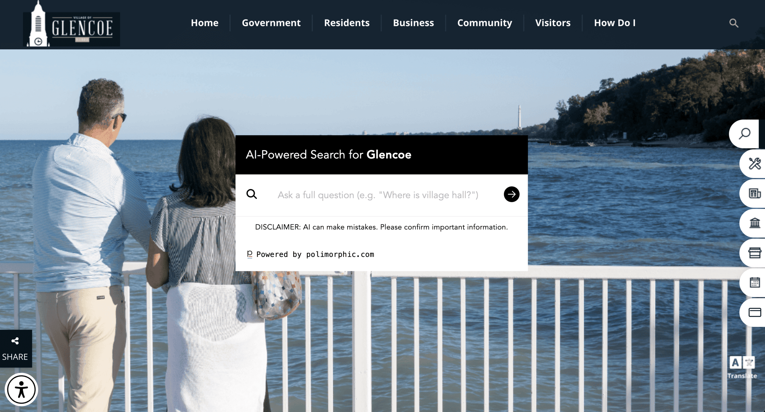 A man and woman stand by a white railing overlooking a large body of water under a clear sky. The screen displays a search box for Glencoe’s website with various navigation options visible.