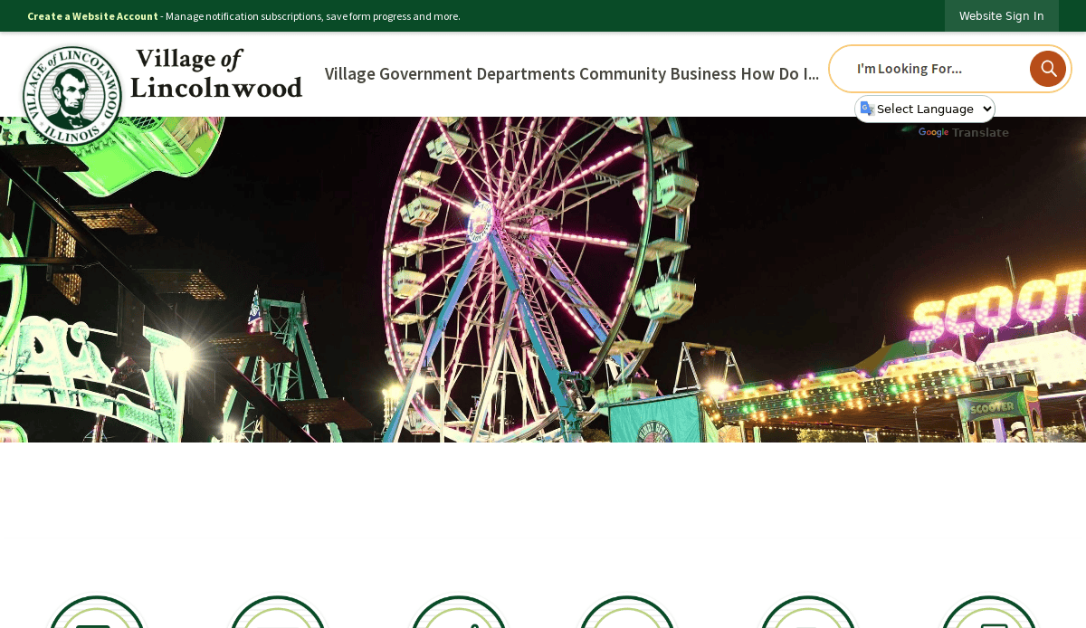 Nighttime photo of a brightly lit Ferris wheel and amusement park rides at a fair, with Village of Lincolnwood branding at the top of the webpage.