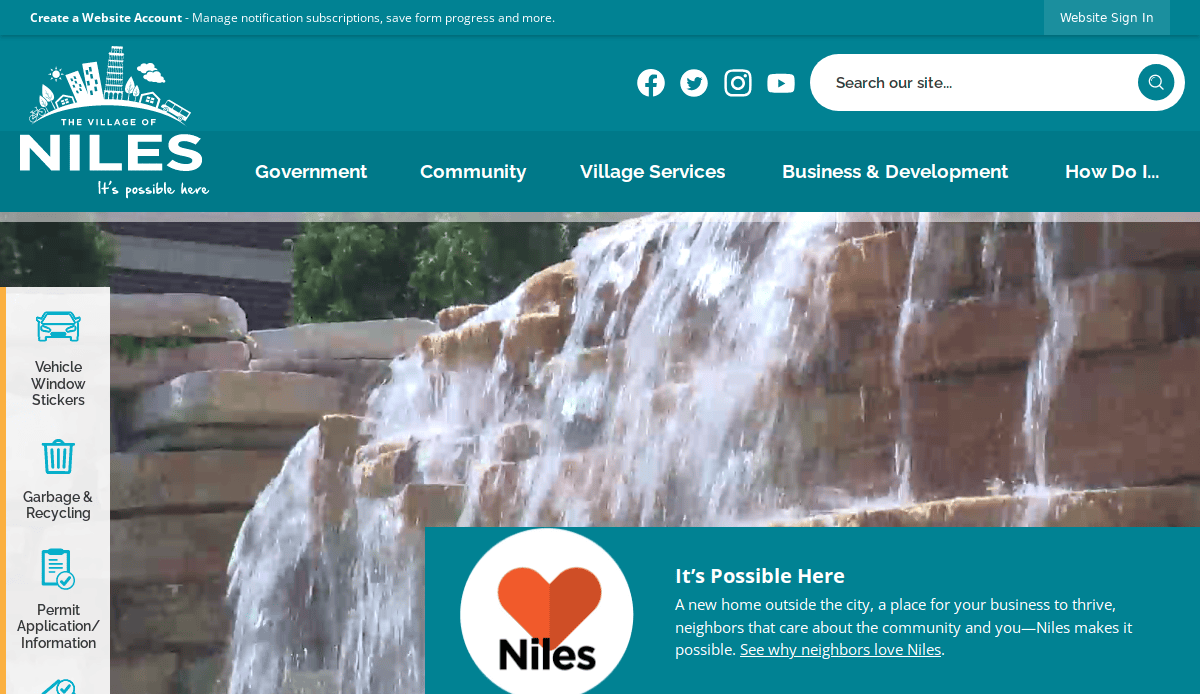 A website homepage for the Village of Niles, featuring a waterfall image, navigation menus, and a highlighted section with a heart and the word Niles, promoting the community with the slogan Its Possible Here.