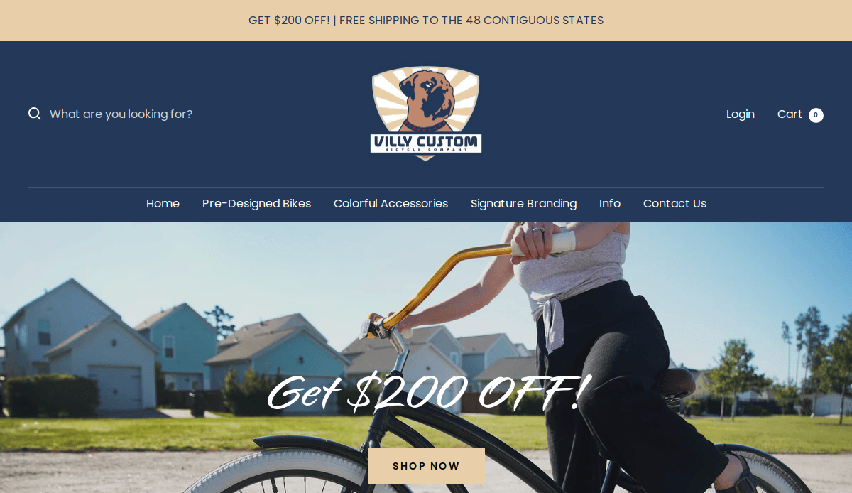A person rides a cruiser bicycle outdoors with the Villy Custom logo above and a banner reading Get $200 OFF! Free shipping and navigation links are displayed at the top.
