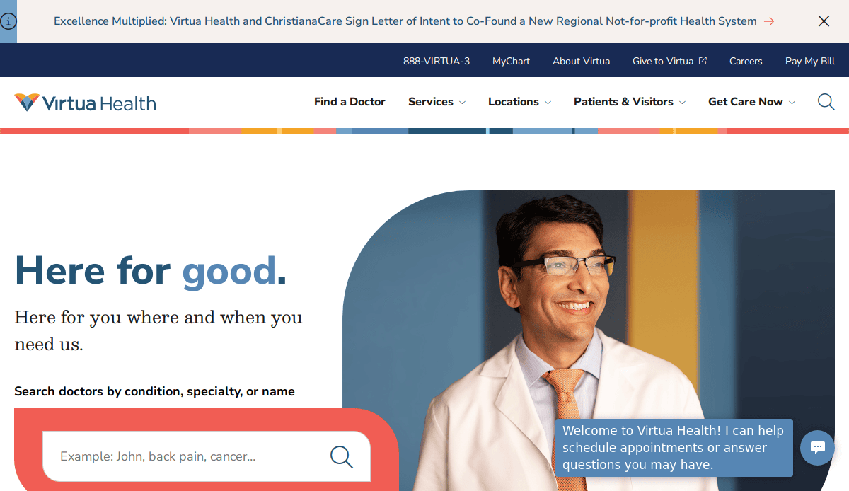 A smiling male doctor in a white coat stands in front of a colorful background on the Virtua Health website homepage, next to a search bar and a welcome message pop-up.