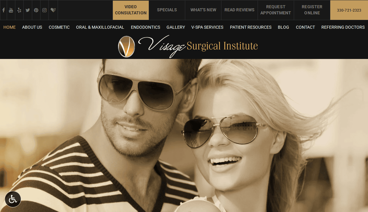 A man and a woman wearing sunglasses smile together outdoors. The image is tinted in sepia tones and appears on the Visage Surgical Institute website, with navigation menus and the clinic’s logo visible above.