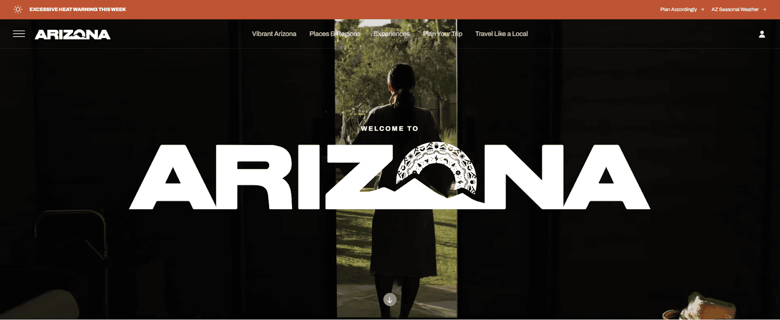 A person stands outside facing greenery, seen through a doorway, with large white text reading WELCOME TO ARIZONA across the center of the image. Menu links are visible at the top of the website.