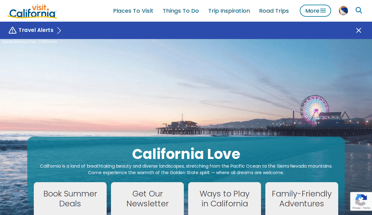 A scenic view of the Santa Monica Pier at sunset with a Ferris wheel lit up, calm ocean waves, and mountains in the background. The website header reads California Love with navigation and info boxes below.