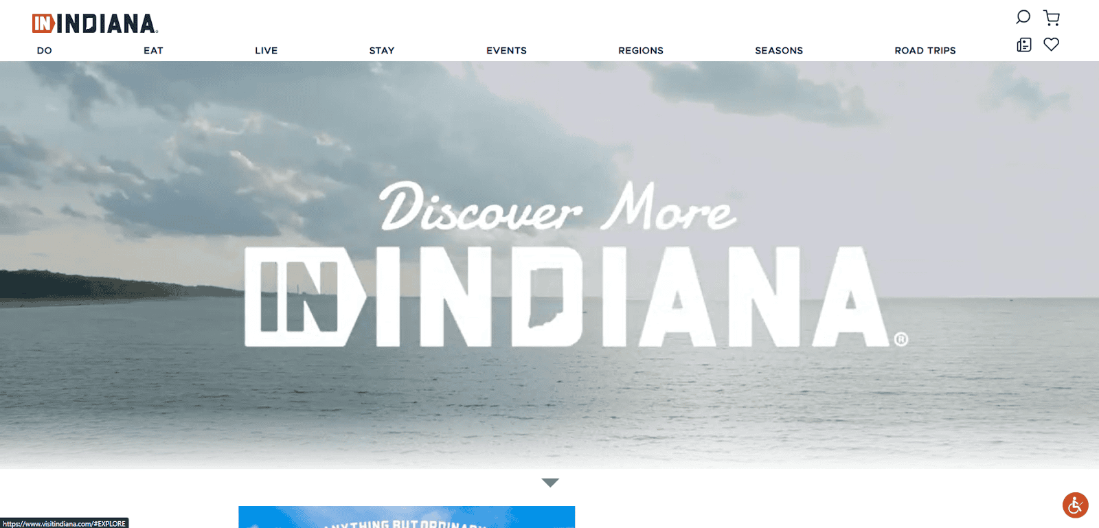 A scenic view of a lake under a cloudy sky with the words Discover More IN INDIANA prominently displayed in white text across the image.