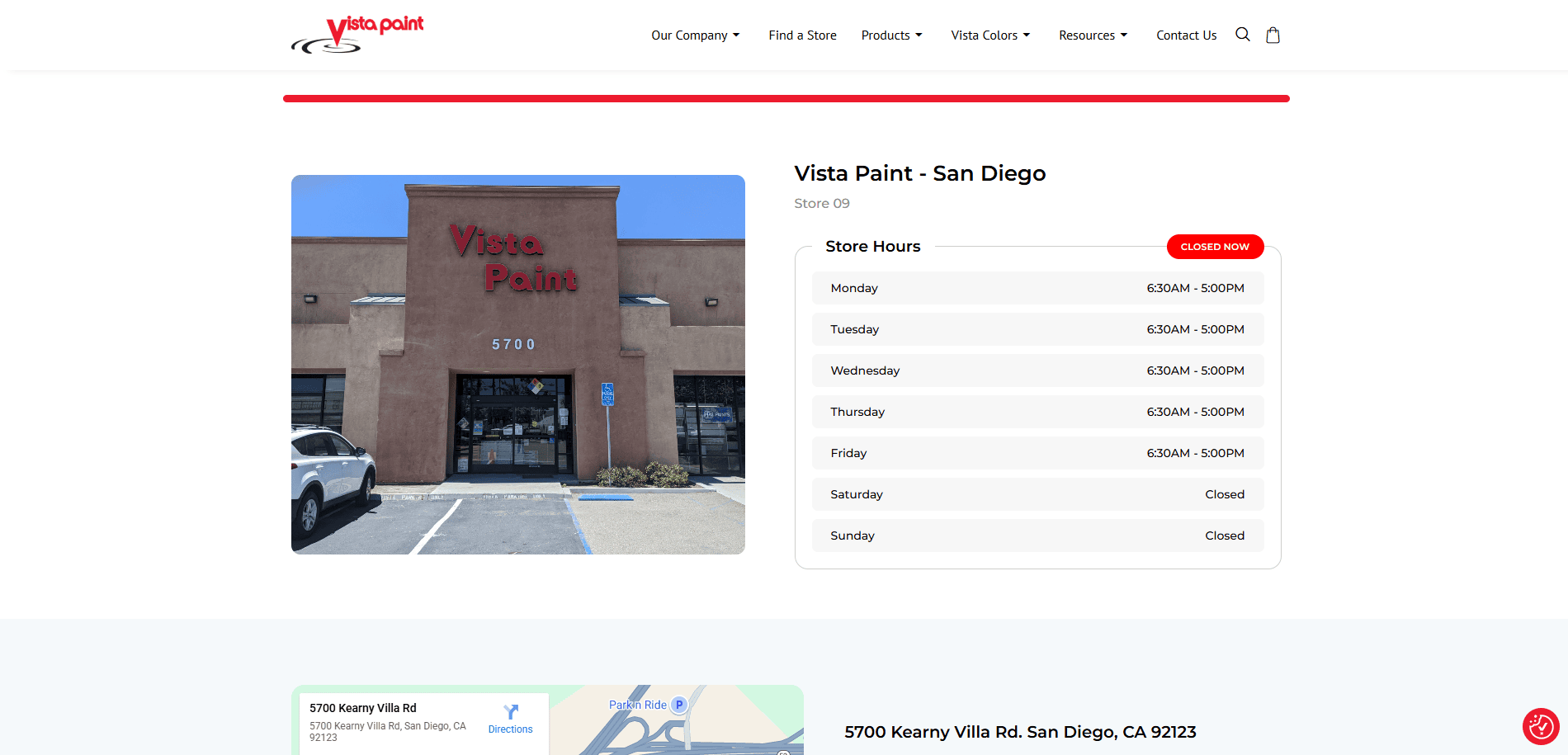 Screenshot of Vista Paints San Diego store webpage, showing the storefront, address (5700 Kearny Villa Rd), store hours for each day, and a Closed Now label in red. A map and navigation link appear at the bottom.