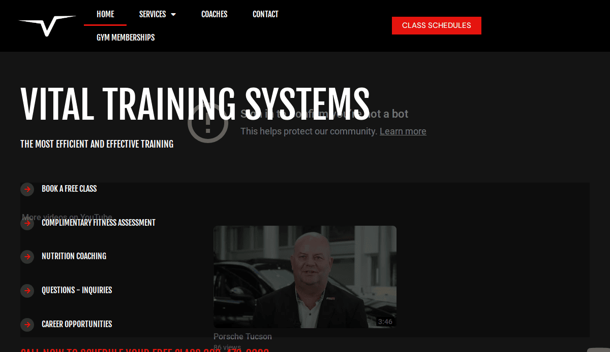 Screenshot of the Vital Training Systems website homepage, featuring navigation links, a Class Schedules button, and sections for booking classes, fitness assessments, nutrition coaching, and career opportunities.