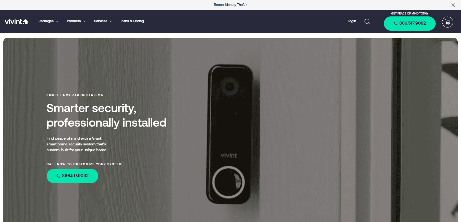 A Vivint video doorbell is mounted on a white door. The website promotes smarter home security, professionally installed, with a green button to call for a quote. The Vivint logo is at the top left.