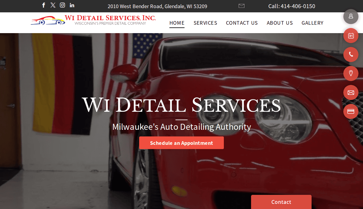 A shiny red luxury car is parked indoors in front of German and American flags. The website header reads WI Detail Services, Inc. with contact information and a button to schedule an auto detailing appointment.