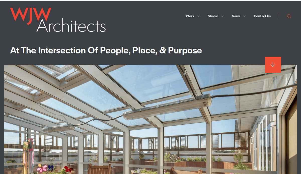 Screenshot of the WJW Architects website homepage, featuring a modern glass-roofed sunroom with plants and flowers, and the text “At The Intersection Of People, Place, & Purpose” overlaid.
