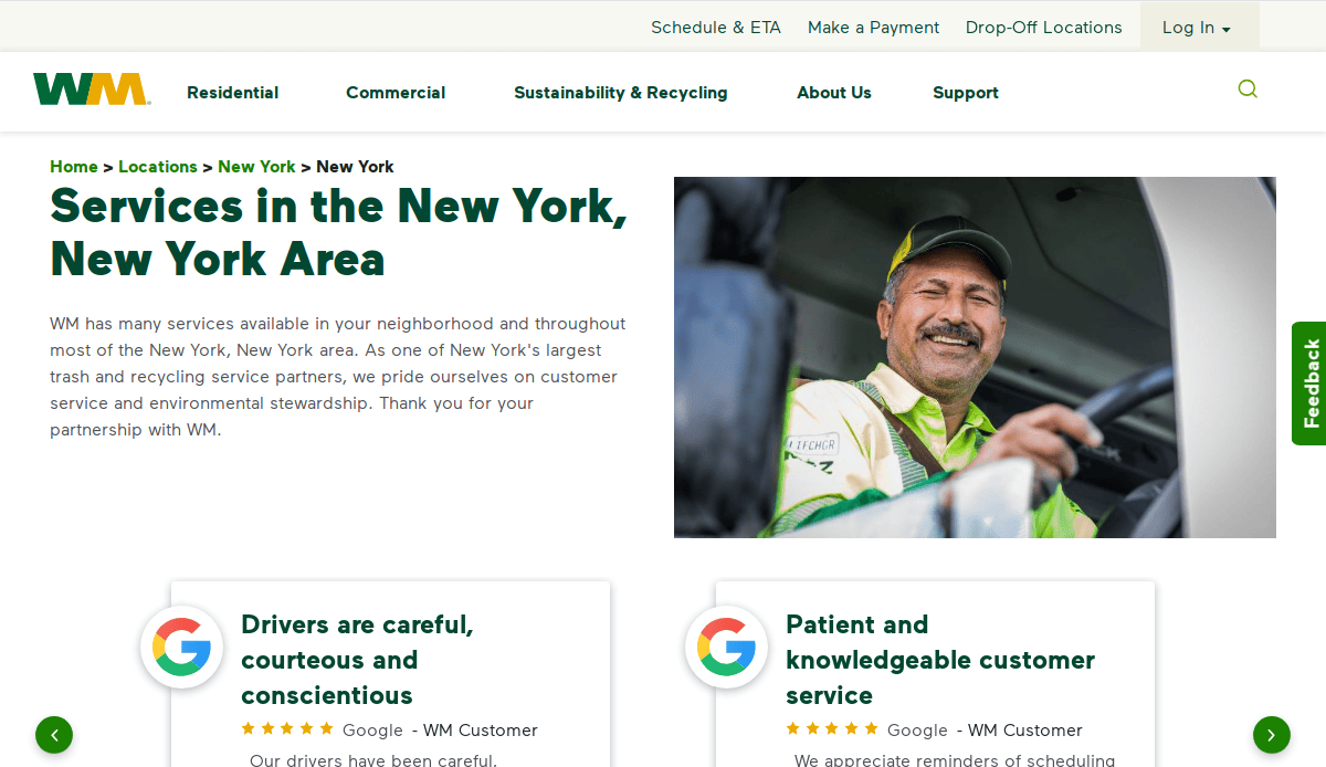 Screenshot of the Waste Management website for New York, showing a smiling WM worker in a truck and customer reviews highlighting careful drivers and knowledgeable service. Menu options are visible at the top.