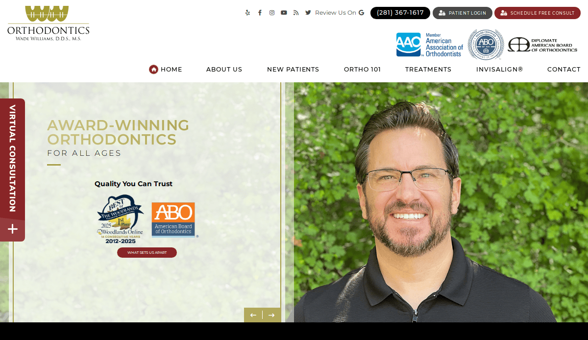 Screenshot of an orthodontics website showing a smiling man with glasses, Award-Winning Orthodontics for All Ages text, quality badges, and menu options across the top. A Virtual Consultation tab appears on the left.