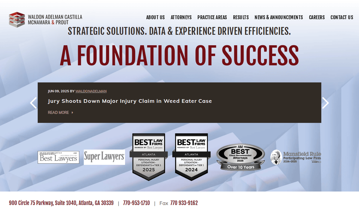 Screenshot of a law firms homepage featuring bold text A Foundation of Success, recent news headlines, awards for Best Law Firms, and contact info at the bottom in red text. The background has blue geometric patterns.