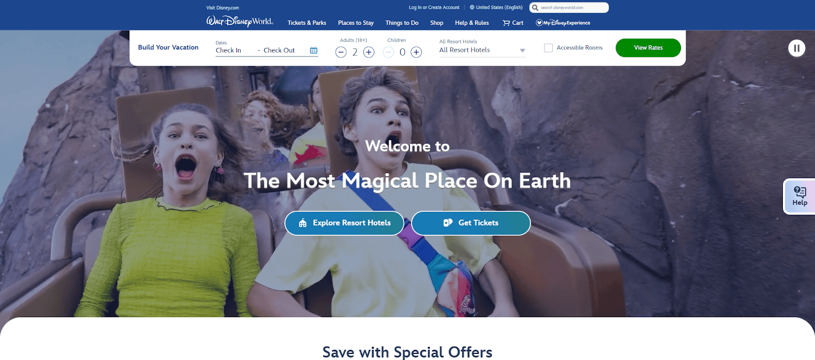 Two children scream with excitement while riding a roller coaster at Walt Disney World, with a blurred rocky background and text overlay that reads Welcome to The Most Magical Place On Earth.