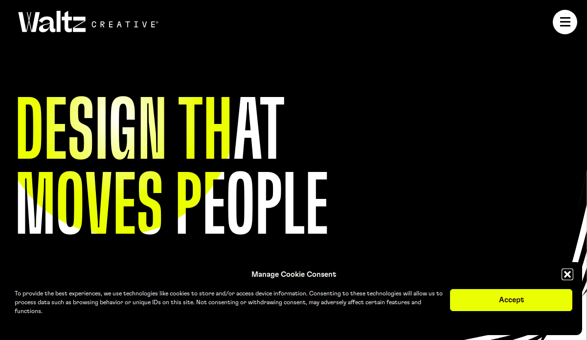 A website homepage for Waltz Creative features large, bold text reading DESIGN THAT MOVES PEOPLE on a black background, with a yellow Accept button for cookie consent at the bottom right.