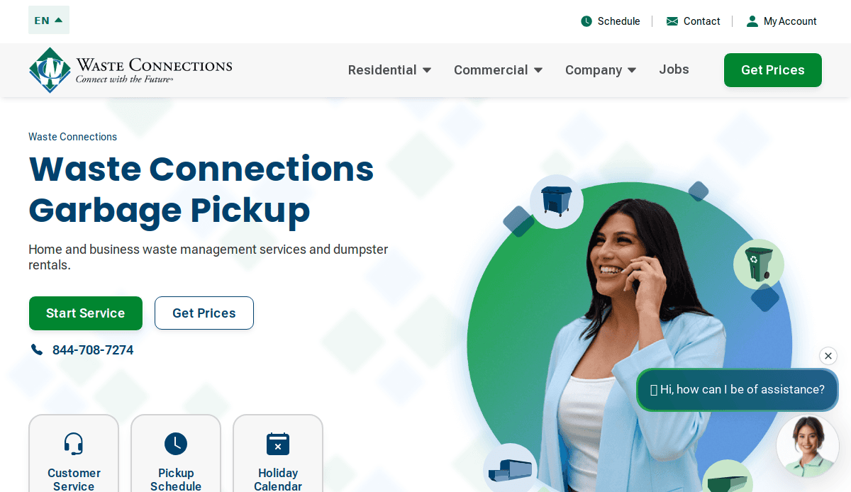 A woman in a blue blazer talks on a phone headset and smiles. The website banner reads “Waste Connections Garbage Pickup,” offering home and business waste management services. Buttons for “Start Service” and “Get Prices” are visible.